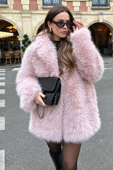 Rosa åpen front shearling fuskepels lang raggete pels
